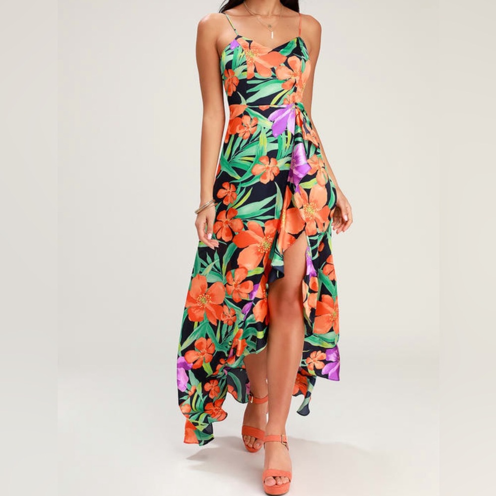 La Romana Navy Blue Tropical Print Satin Ruffled Maxi Dress